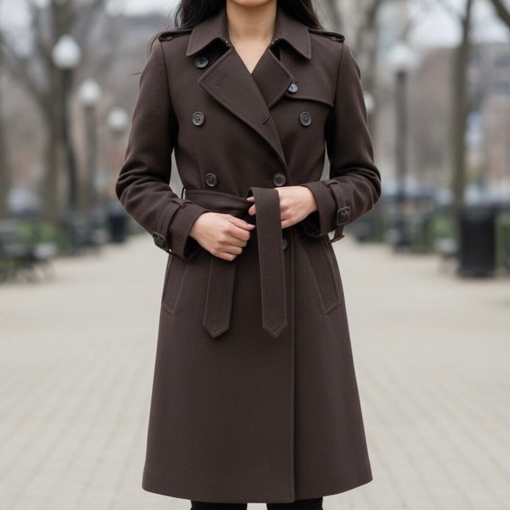 Barbour Women's Valerie Wool Blend Belted Trench Coat Size 4 Chocolate Brown